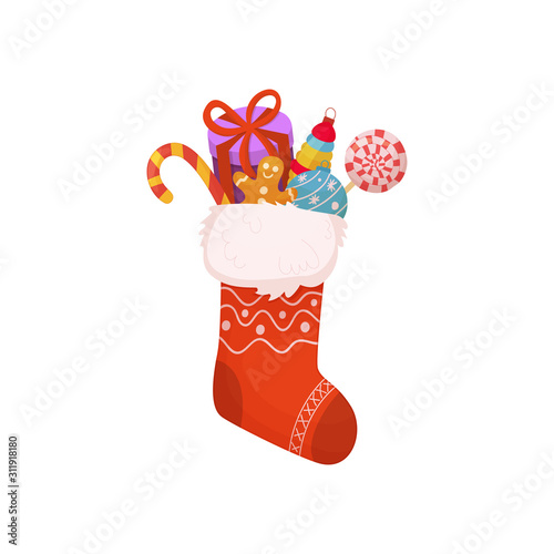 Christmas sock with gift box, ginger snap, balls, traditional candy cane and lollipop