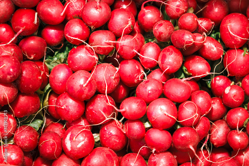 A lot of red radish. background of red radishes, lots of radishes. Lots of fresh ripe radishes at market. Top view A lot of red radish. background of red radishes, lots of radishes. Lots of fresh ripe radishes at market. Top view