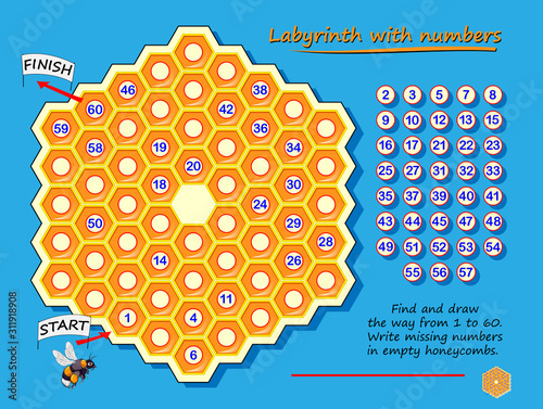 Labyrinth with numbers. Logic puzzle game with for children and adults. Find and draw the way from 1 to 60. Write missing numbers in empty honeycombs. Worksheet with maze for kids brain teaser book.