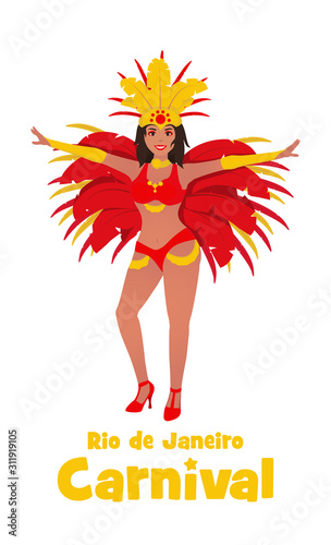 Brazilian samba dancer illustration. Stock vector isolated on white background. Beautiful woman in carnival costume at the festival in Rio de Janeiro.
