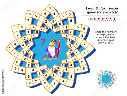 Logic Sudoku puzzle game for smartest. Write the numbers in empty places so each line have different signs from 1 to 7. Printable page for kids brain teaser book. Developing counting skills.