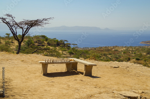 Recreation area with benches. Aerial view of african savanna and alkaline lake Shala in background. Nature and travel. Ethiopia, Rift Valley, Oromia Region, Abijatta-Shalla National Park photo