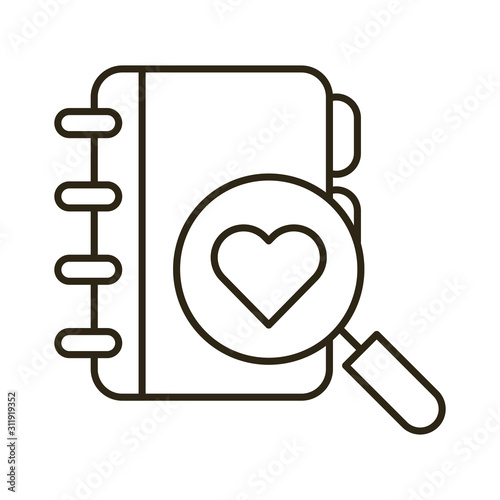 happy valentines day magnifying glass with heart and diary