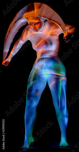 Artistic portrait of a model in the image of the month, painted with colorful light