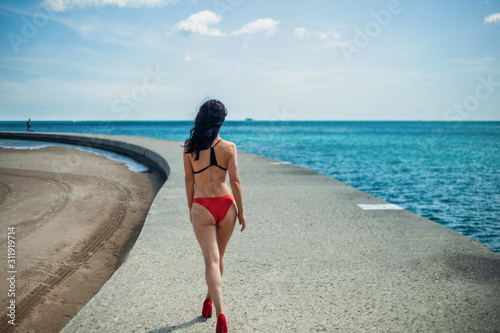 beautiful young Caucasian polish female model is wearing a sexy two piece bikini during a hot sunny day in Chicago while on vacation. shes walking away with her back turned into the horizon  photo