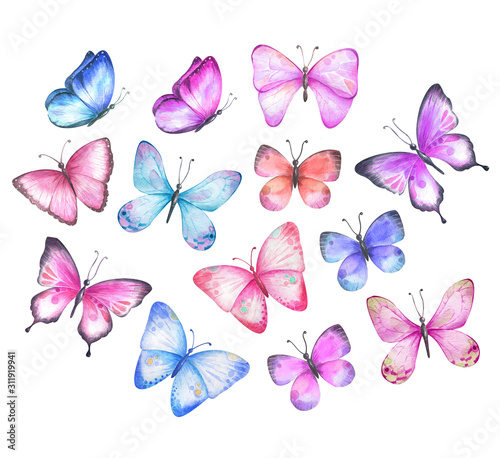 Watercolor set of pink, purple and blue butterflies.