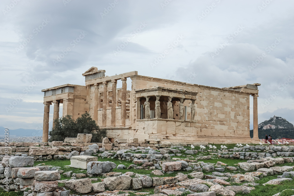 Erechtheion or Erechtheum ancient Greek temple on the north side of the Acropolis of Athens in Greece dedicated to Athena and Poseidon.