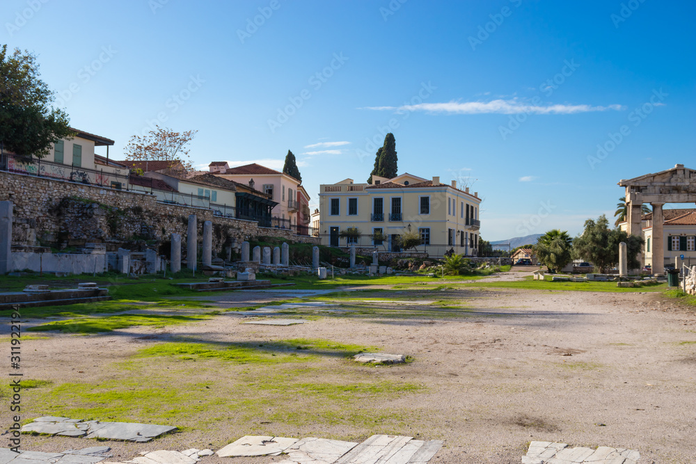 roman agora buildings in Athens, Greece on a sunny day