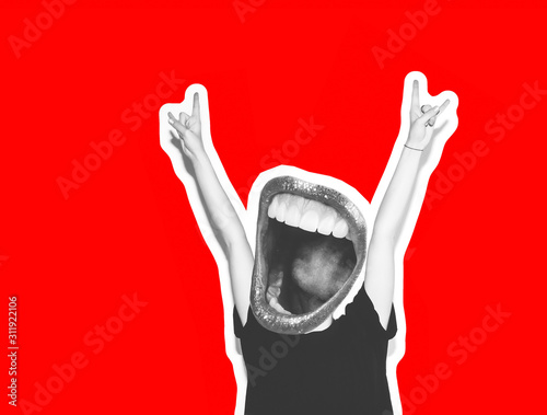 Collage of modern art. A crazy girl in a black T-shirt and rock glasses screams, holding on to her head. Rocky emotional woman, black and white tones on a fashionable red background