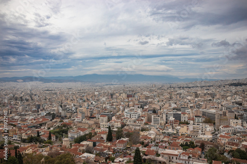 Aerial city view in Athens, Greece with beautiful sky