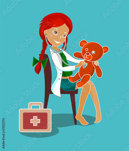 The little red-haired girl playing doctor and healing teddy bear.