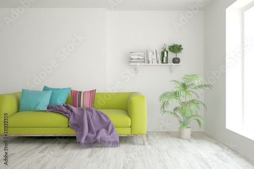 Stylish room in white color with colorful sofa. Scandinavian interior design. 3D illustration © AntonSh