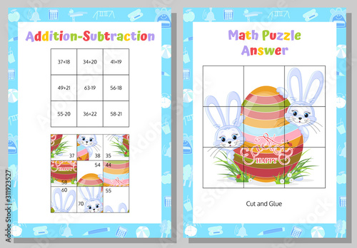Addition, Subtraction Math Puzzle Worksheet. Educational Game. Mathematical Game. Vector illustration.