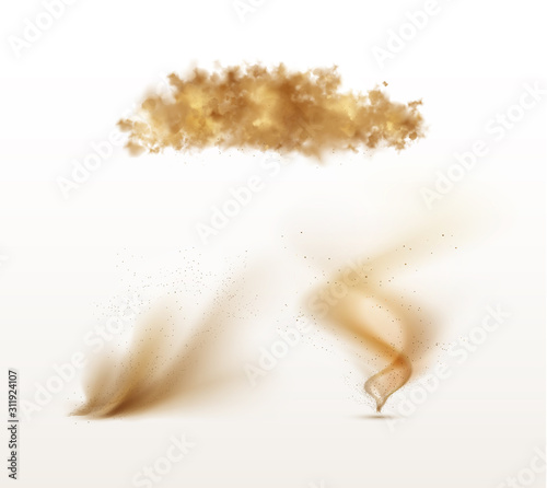 Set of sand storms and tornado isolated vector objects. Collection of desert nature cataclysm on white background