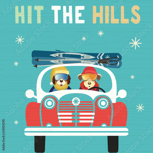 Hit hills winter fun flat color vector poster