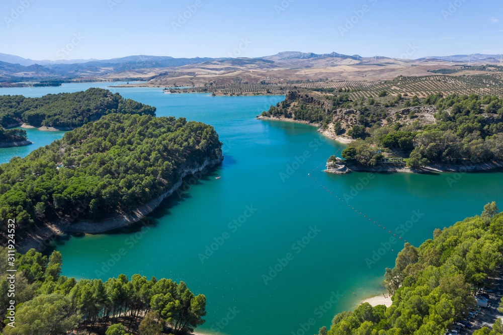 Aerial view of Gaitanejo reservoir and dam near the Royal El Chorro Royal Trail. Spain