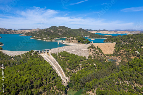 Aerial view of Gaitanejo reservoir and dam near the Royal El Chorro Royal Trail. Spain