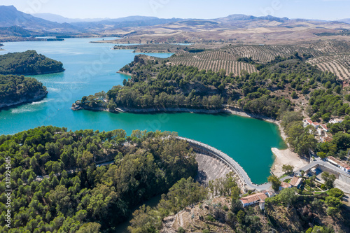 Aerial view of Gaitanejo reservoir and dam near the Royal El Chorro Royal Trail. Spain