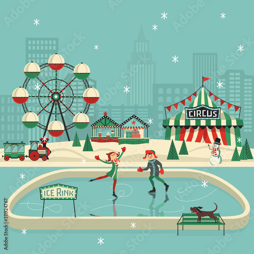 Boy and girl skating on ice surface vector