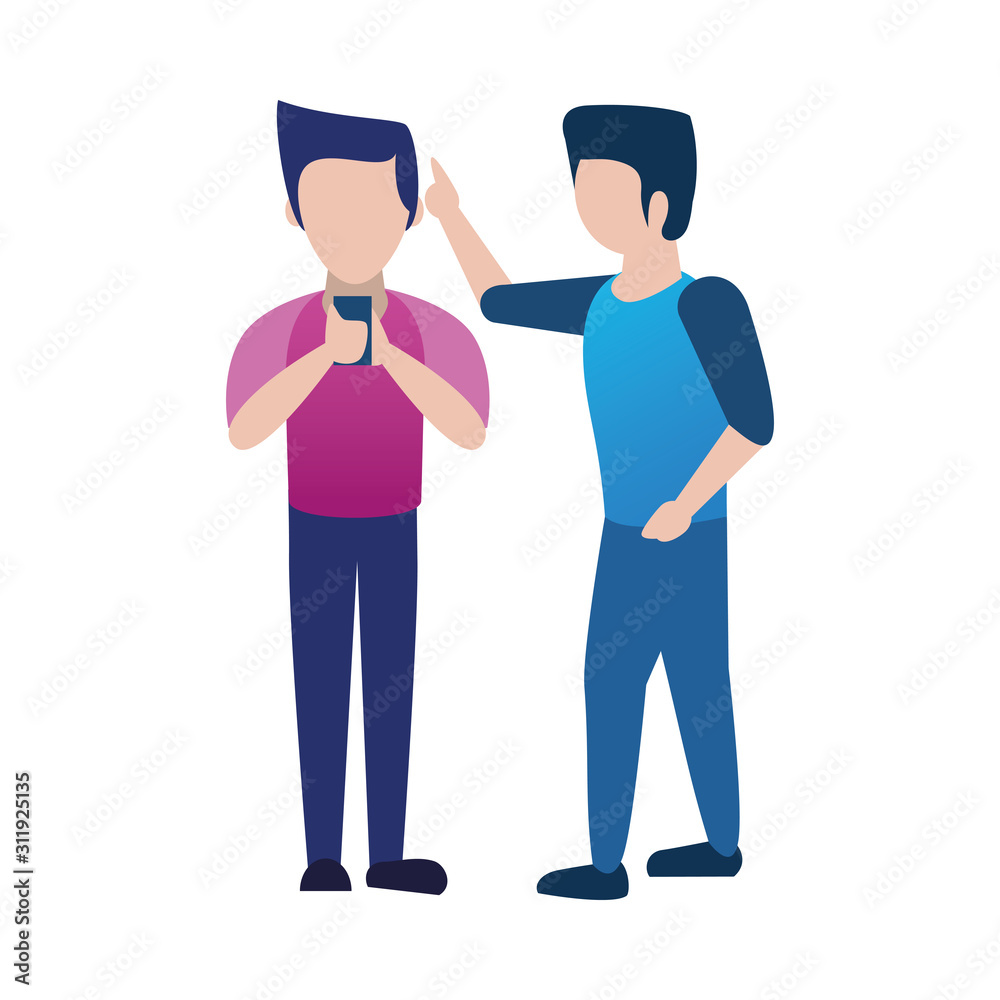 young men using smartphone avatars characters young men using smartphone avatars characters
