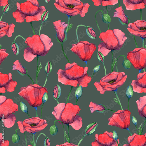 Watercolor poppy pattern. Seamless pattern with hand drawn poppy flowers on green background. Floral background. Spring backdrop. Wildflowers pattern.