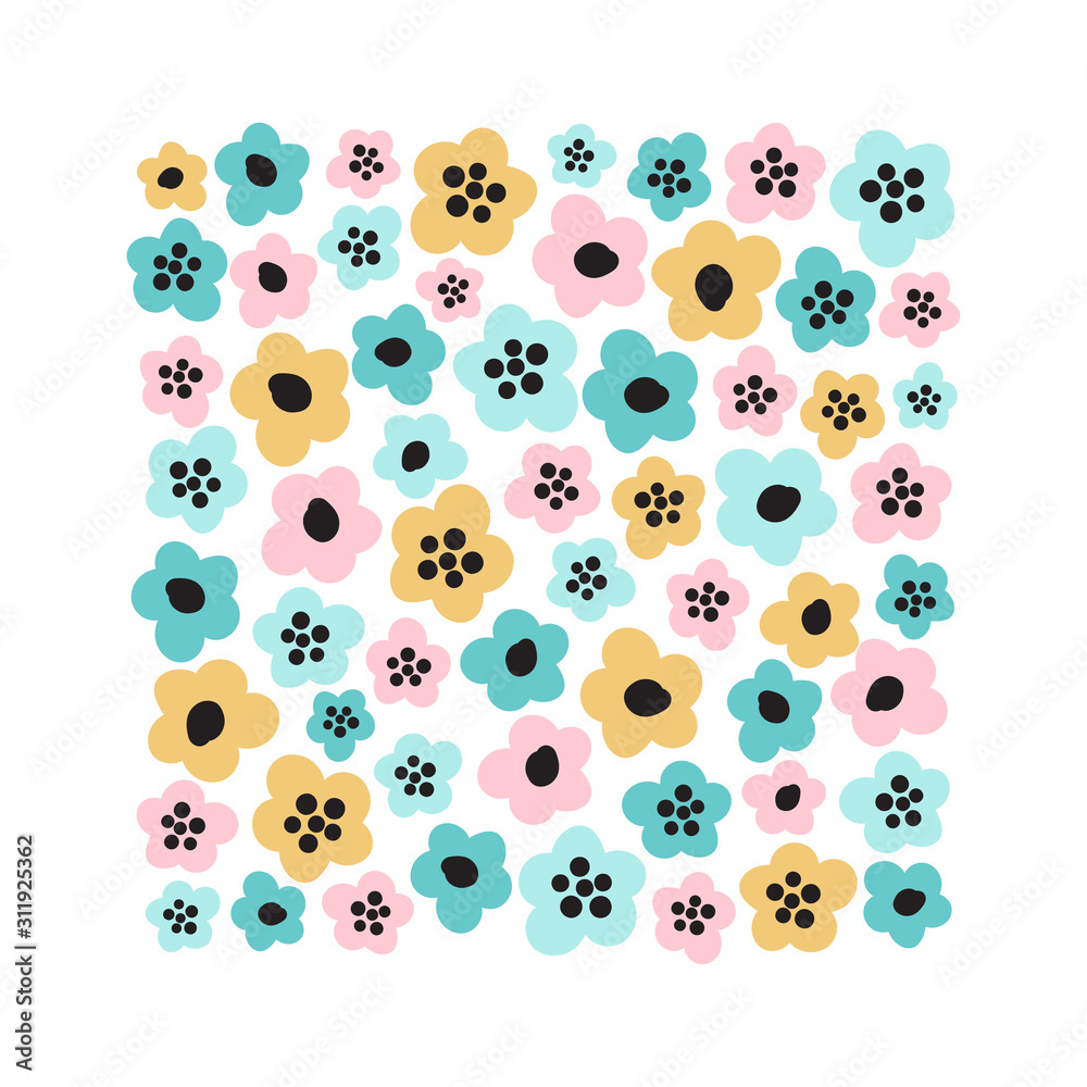 Cute childish background with primitive naive art spring flowers in scandinavian minimal style Cute childish background with primitive naive art spring flowers in scandinavian minimal style