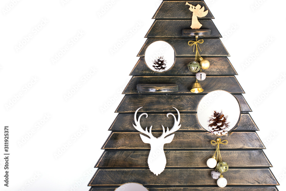 Christmas decorations decorated with wooden Christmas trees on a white background.