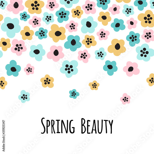 Cute childish background with primitive naive art spring flowers in scandinavian minimal style