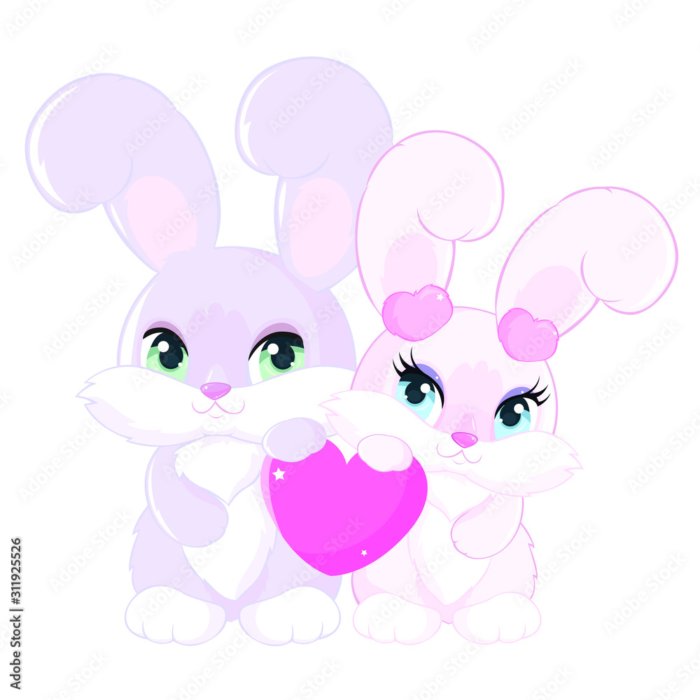 Two cute bunnies with a heart for Valentine's Day. Children's characters. Two cute bunnies with a heart for Valentine's Day. Children's characters.
