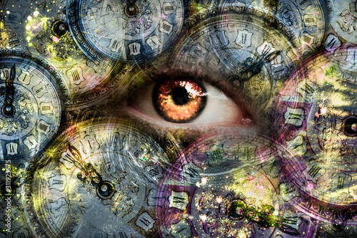 Eye looking through the clock
