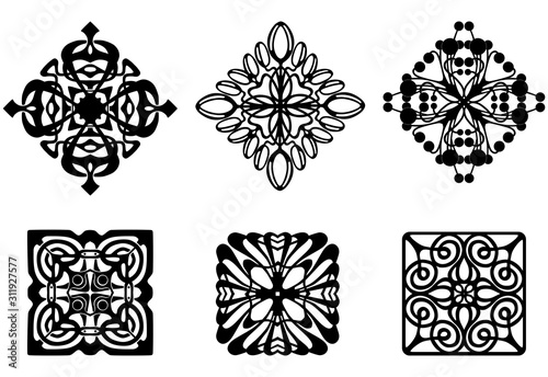 Vector image of various ornamental design elements silhouettes
