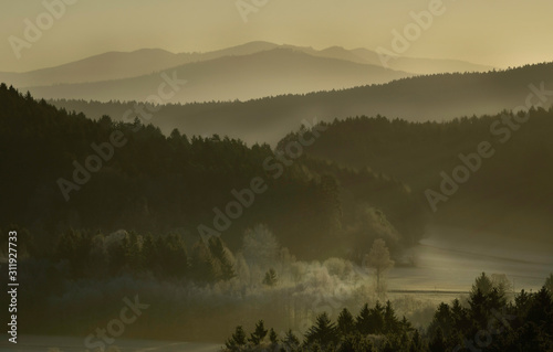 Tableau sur toile foggy morning sunrise in the Bavarian forest with a view of the arber