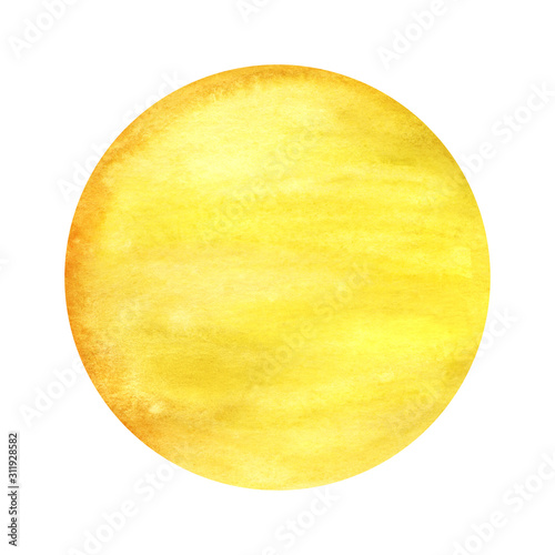 Abstract circle paint background yellow color isolated on white. Round watercolor gradiented fill on paper texture. Painted label background patc. Hand drawn Big red circle. Big full moon or sun