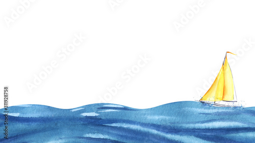 A small yellow sailboat on blue waves. Big ocean and tiny boat. Boat at sea. Hand drawn watercolor illustration.Boat at sea. bottom border. Hand drawn watercolor illustration photo