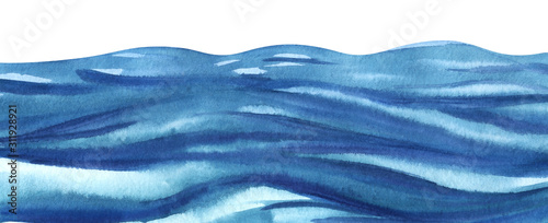 abstract background illustration. A lot of blue turquoise waves. Wavy watercolor sea. Abstract background illustration. Lower curb. Hand drawn watercolor
