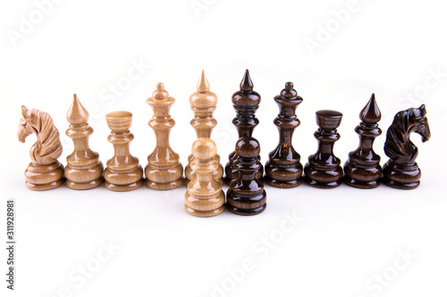 Chess game figures on white background