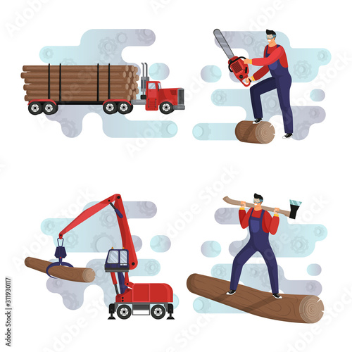 Logging, loading and transportation of wood, logs. Special equipment for the logging industry. Icon set