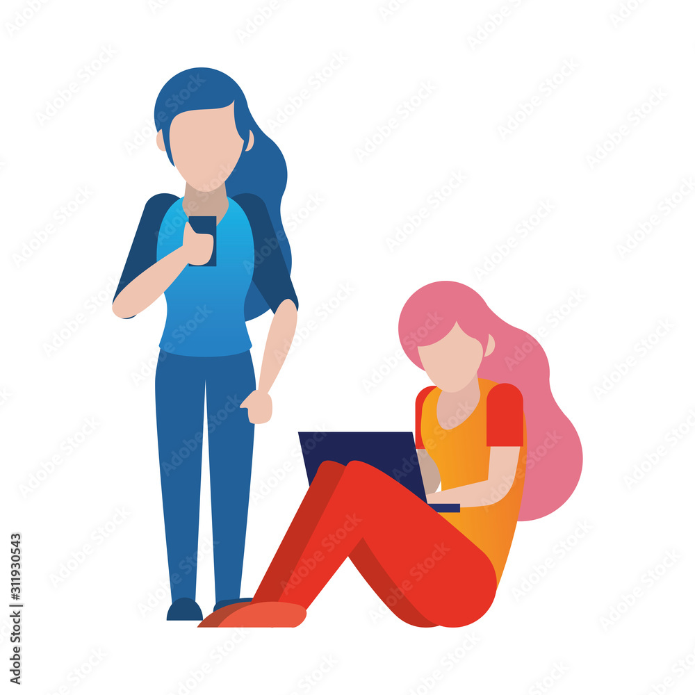 women using smartphone and laptop avatars characters women using smartphone and laptop avatars characters