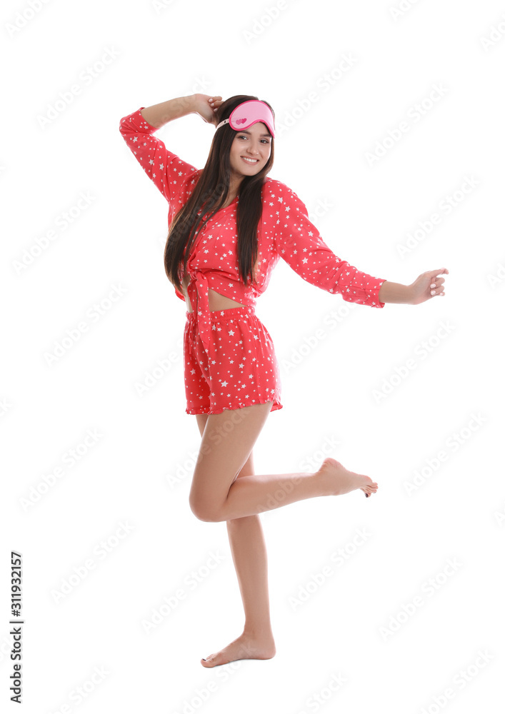 Beautiful woman wearing sleeping mask on white background. Bedtime Beautiful woman wearing sleeping mask on white background. Bedtime