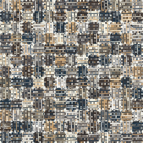 Dark doodle mosaic effect vector texture. Masculine geometric seamless melange pattern. Hand drawn variegated irregular stripes background. Textured classic blue brown hipster allover print swatch.