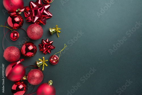 Christmas background. Frame with christmas red balls. New Year card. Festive background. Beauty concept. Copy space.