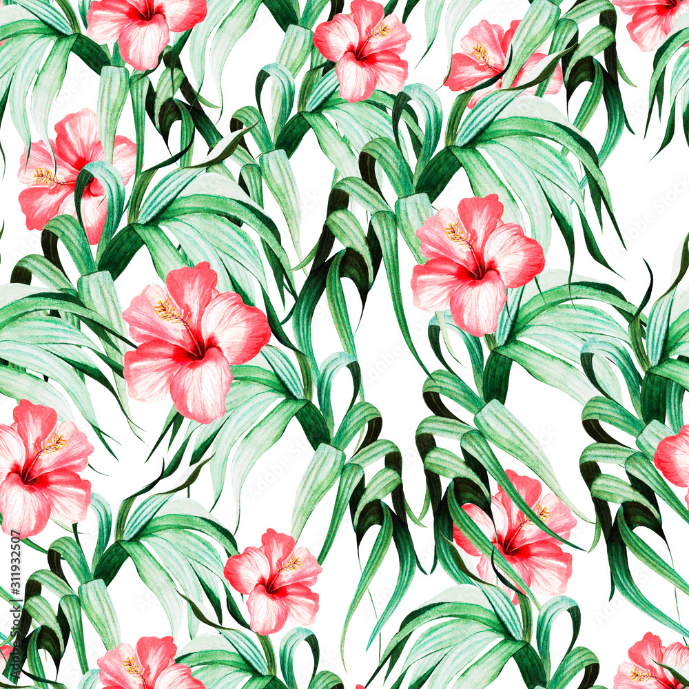 Beautiful watercolor seamless pattern with tropical leaves and hibiscus flowers. Beautiful watercolor seamless pattern with tropical leaves and hibiscus flowers.