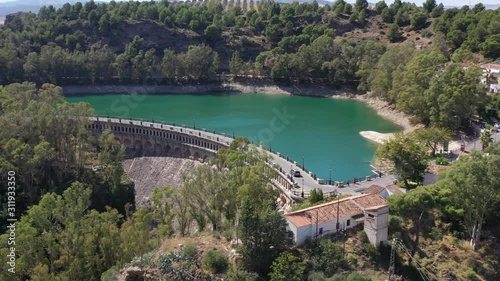 Aerial view of Gaitanejo reservoir and dam near the Royal El Chorro Royal Trail. Spain