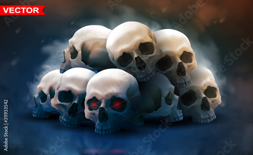 Detailed graphic photorealistic colorful white human skulls lying in big stack with red eyes. On space background. Vector icon. Poster and t-shirt design.