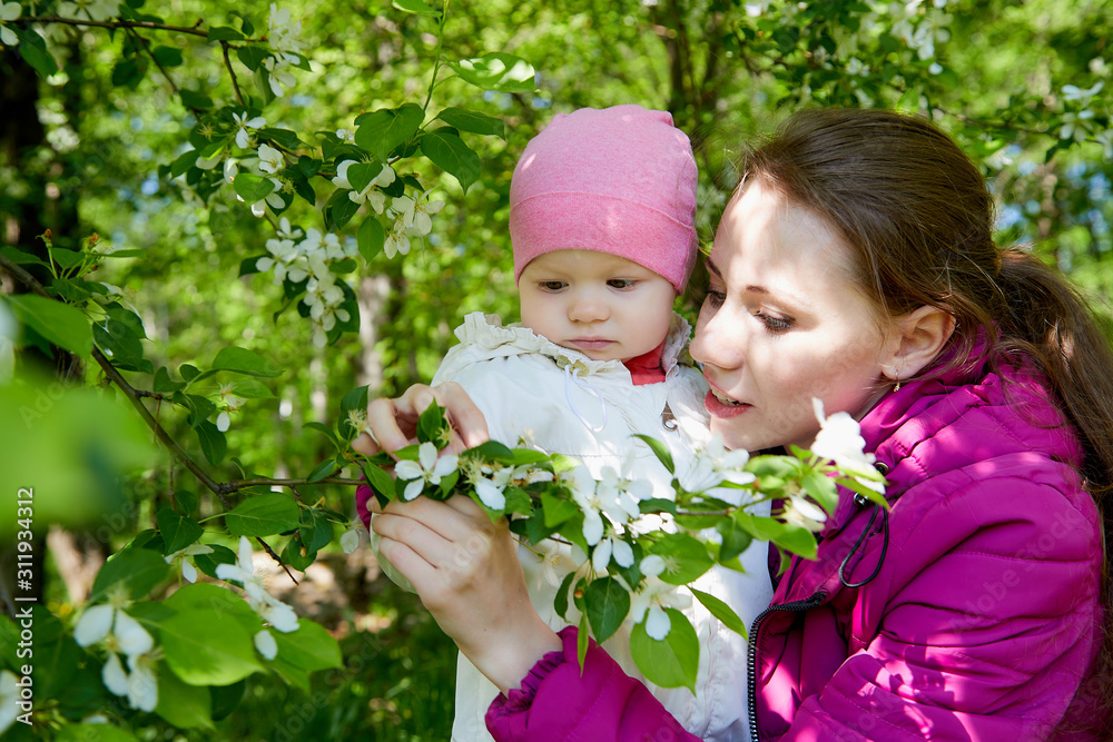 Portrait of young mother and her small daughter in the park full of apple blossom trees in a spring day. Woman and girl in nature landscape Portrait of young mother and her small daughter in the park full of apple blossom trees in a spring day. Woman and girl in nature landscape