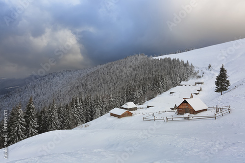 Majestic winter scenery. Dramatic sky. Old wooden huts on the lawn covered with snow. Landscape of high mountains and forests. Wallpaper background. Location place Carpathian, Ukraine, Europe.