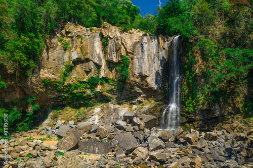 Aerial Drone view of waterfall Nauyaca in Costa Rica surrounded by the tropical rainforest
