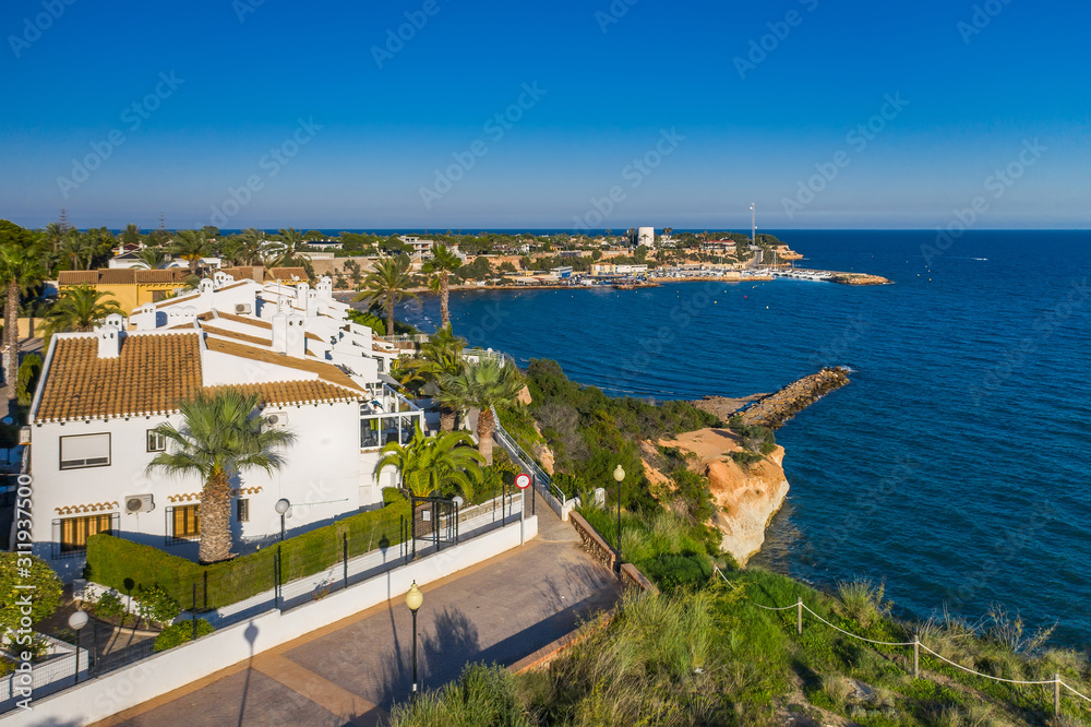 Aerial view of the bay with yachts Cabo Roig. Alicante. Spain