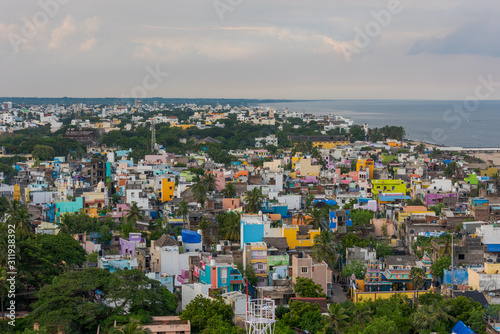 View from the top of the new lighthouse of Puducherry in South India over the city on overcast day