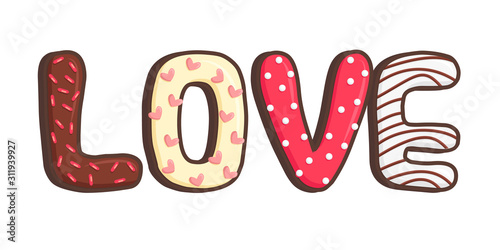 Vector Illustration of Cookies looks like Love in Cartoon Flat Style. Design of Chocolate Shortbread with Colorful Pastry Topping over. Text is Love from Baked Dessert Products usable for Postcard